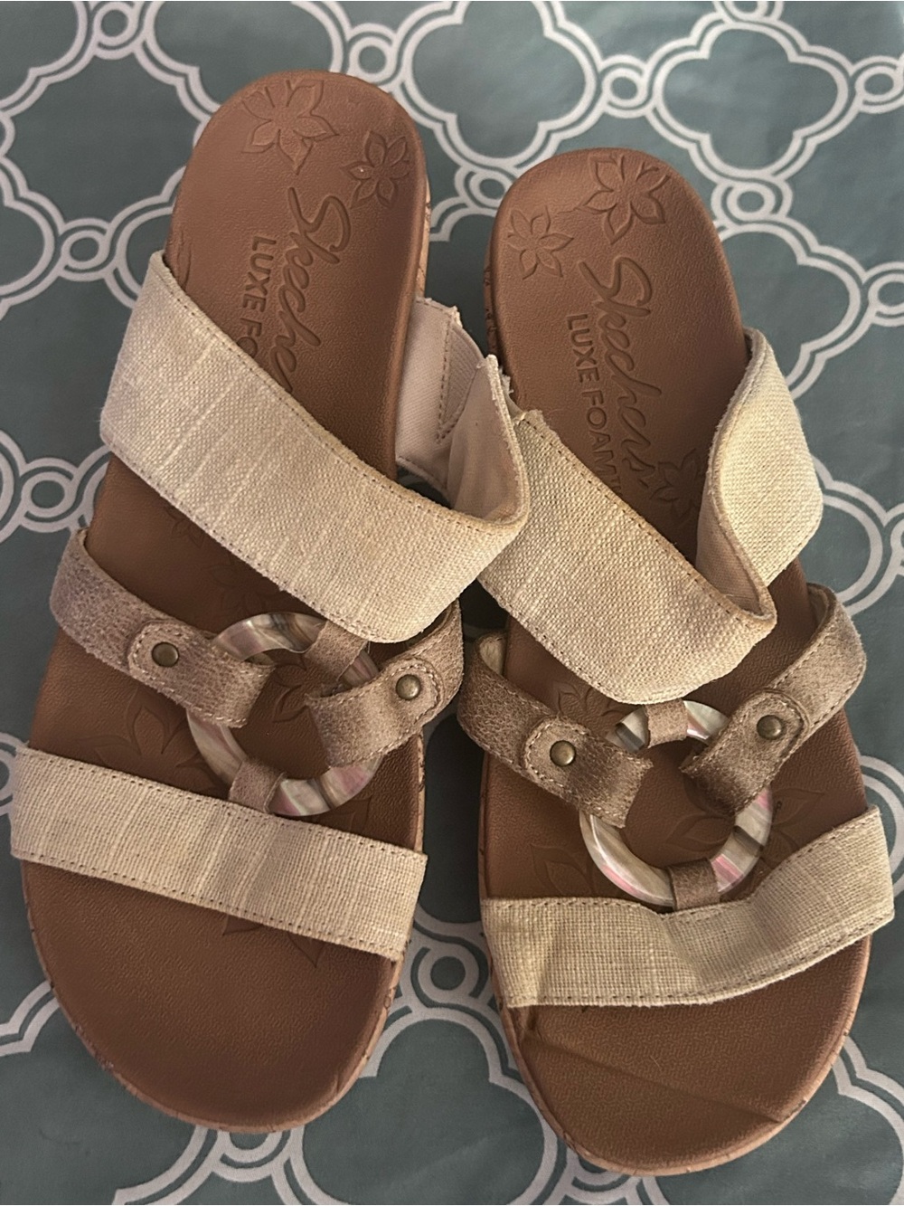 Skechers Neutral Beige Strap Slide Sandals with Decorative Ring